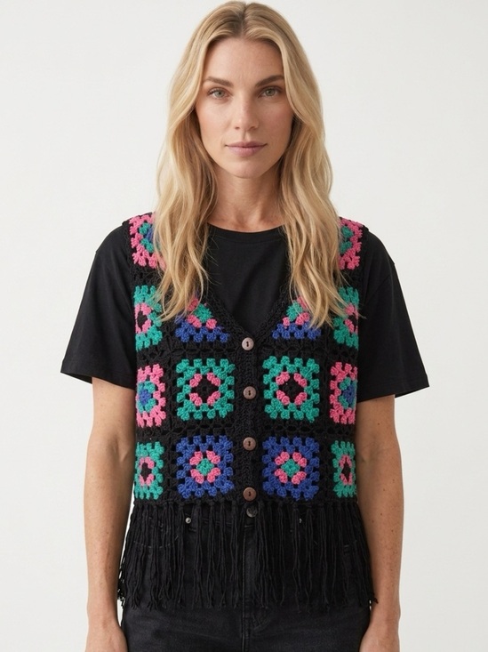 Umgee Jackets & Blazers - NEW!!! Umgee Granny Square Crochet Fringe Sweater VEST  Sz Small, NWT​